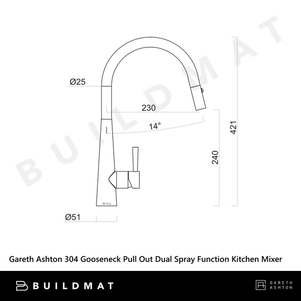 Gareth Ashton 304 Gooseneck Pull Out With Dual Spray Function Kitchen Mixer Brushed Steel