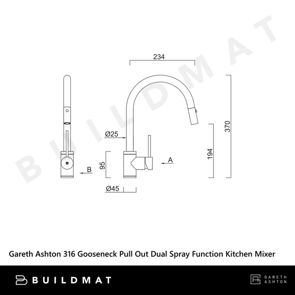 Gareth Ashton 304 Gooseneck With Dual Spray Pull Out Function Kitchen Mixer Brushed Steel