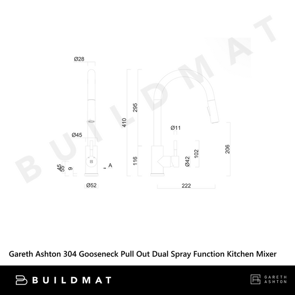 Gareth Ashton 304 Gooseneck Pull Out Dual Spray Function Kitchen Mixer Brushed Steel