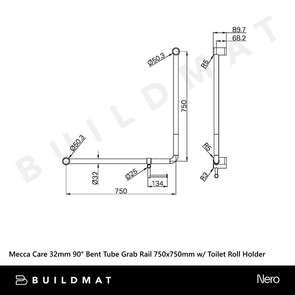 Nero Mecca Care 750x750mm 90 degree Bent Tube Grab Rail With Toilet Roll Holder Brushed Bronze