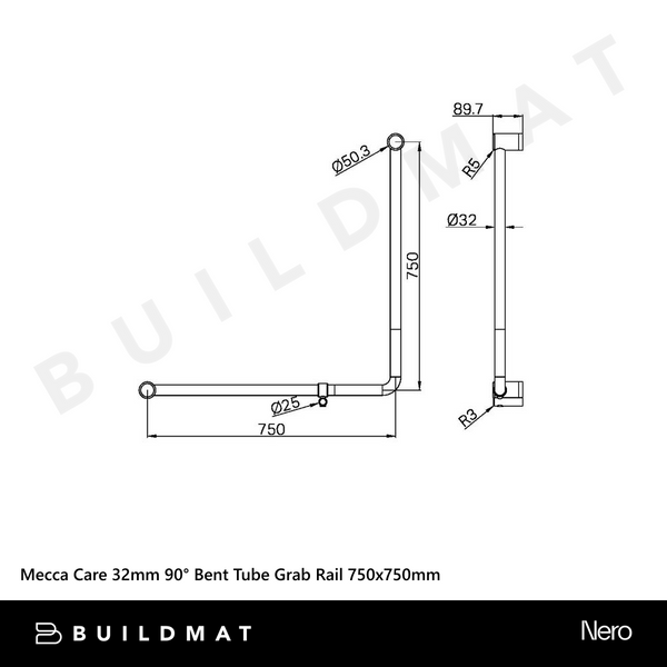 Nero Mecca Care 750x750mm 90 degree Bent Tube Grab Rail Brushed Gold