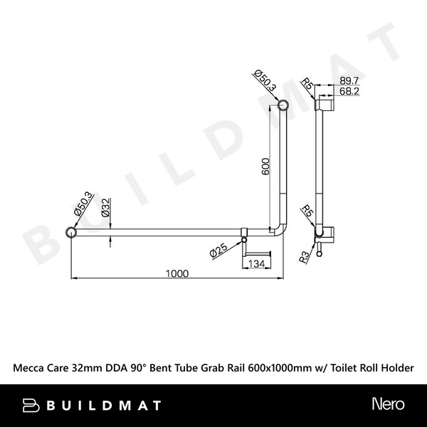 Nero Mecca Care DDA 600x1000mm 90 degree Bent Tube Grab Rail With Toilet Roll Holder Brushed Gold