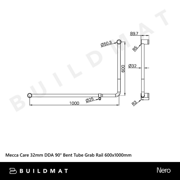 Nero Mecca Care DDA 600x1000mm 90 degree Bent Tube Grab Rail Matte Black