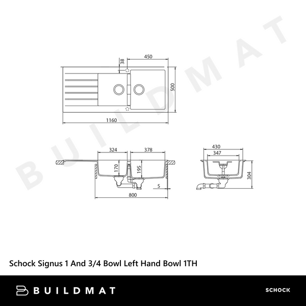 Schock Signus Stone 1 And 3/4 Bowl Left Hand Bowl 1 Tap Hole Grey