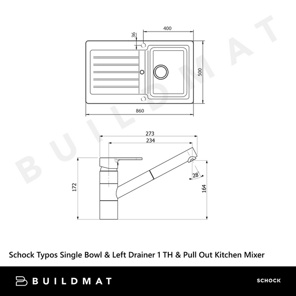 Schock Typos Single Bowl With Left Hand Bowl 1 Tap Hole and Pull Out Kitchen Mixer Concrete Grey