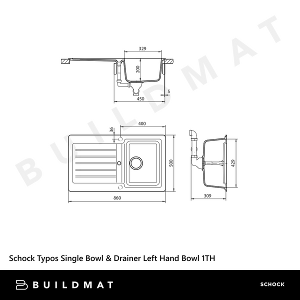 Schock Typos Single Bowl With Drainer Croma Left Hand Bowl 1 Tap Hole Grey