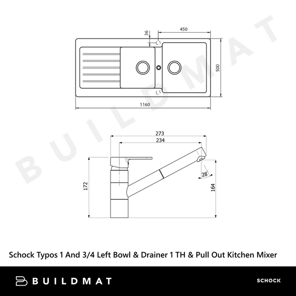 Schock Typos 1 And 3/4 Left Hand Bowl With Drainer 1 Tap Hole and Pull Out Kitchen Mixer Onyx Black