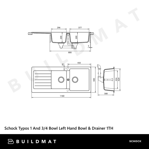 Schock Typos 1 And 3/4 Bowl Nero Left Hand Bowl And Drainer 1 Tap Hole Black