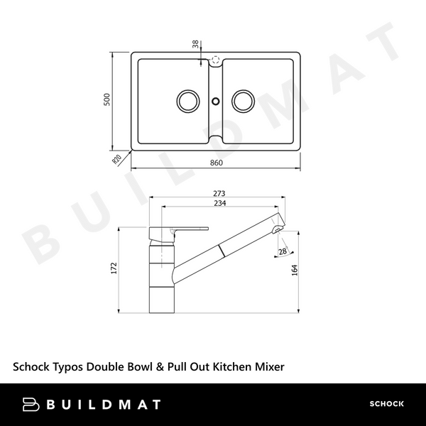 Schock Typos Double Bowl and Pull Out Kitchen Mixer Concrete Grey