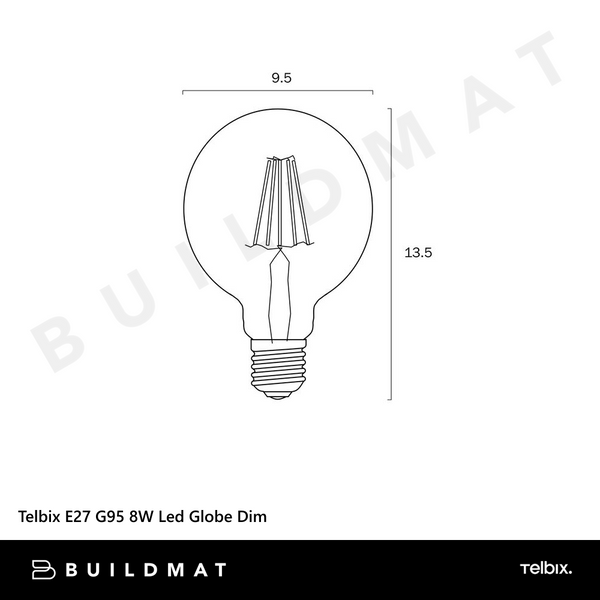 Telbix E27 G95 8W Led Globe Clear Dim 3000K