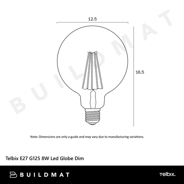 Telbix E27 G125 8W Led Globe Clear Dim 5000K
