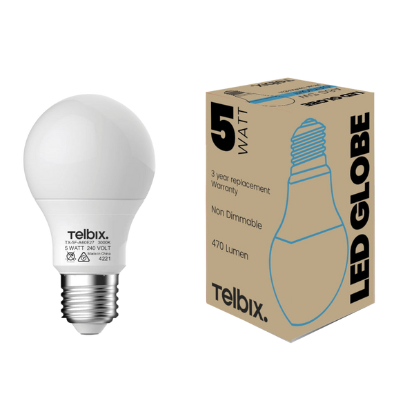 Telbix E27 A60 5W Led Globe Opal Non Dim 6000K