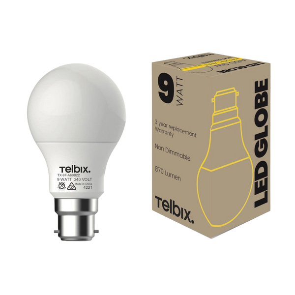 Telbix B22 A60 9W Led Globe Opal Non Dim 3000K