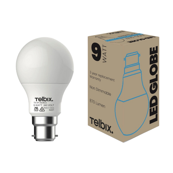 Telbix B22 A60 9W Led Globe Opal Non Dim 6000K