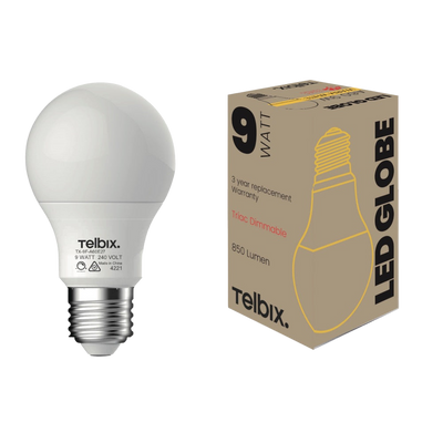 Telbix E27 A60 9W Led Globe Opal Dim 3000K