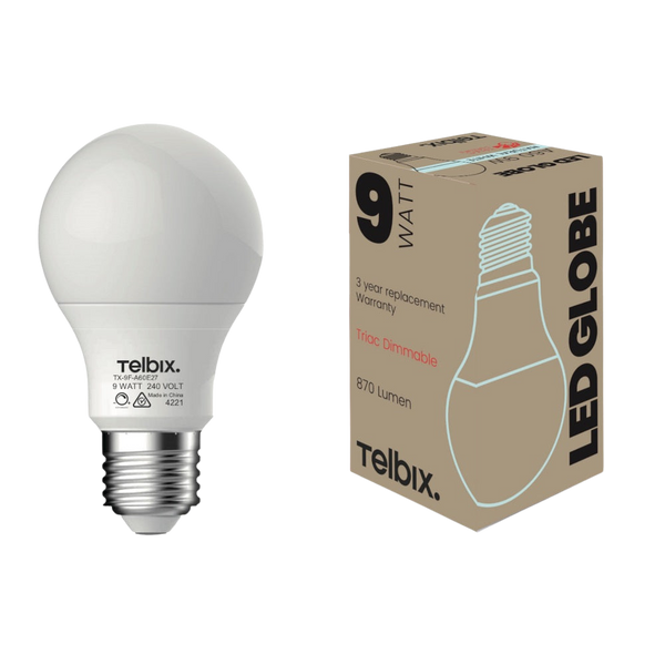 Telbix E27 A60 9W Led Globe Opal Dim 4000K