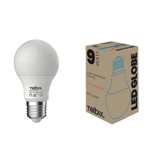 Telbix E27 A60 9W Led Globe Opal Dim 6000K