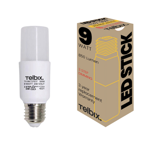 Telbix E27 T37 9W Led Stick Globe Opal 3Step Dim 3000K