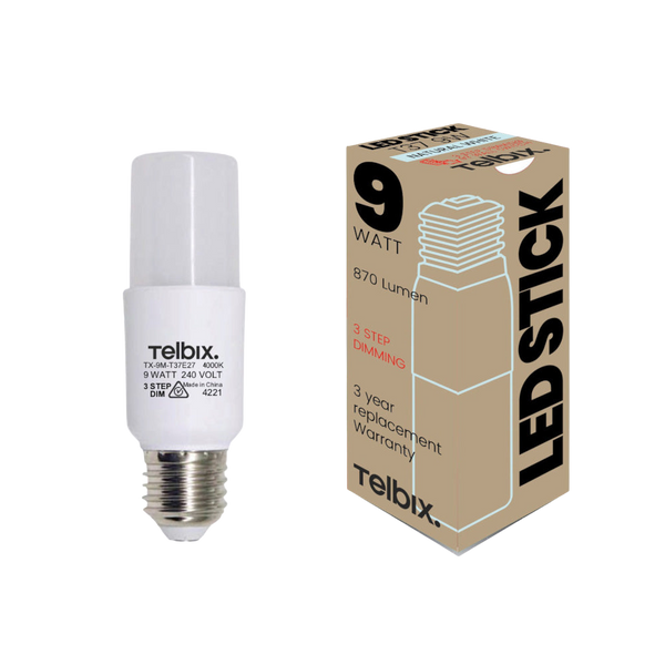 Telbix E27 T37 9W Led Stick Globe Opal 3Step Dim 4000K