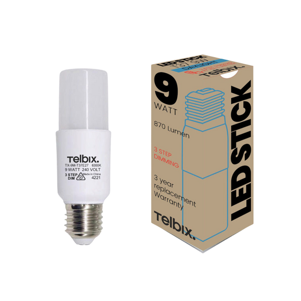 Telbix E27 T37 9W Led Stick Globe Opal 3Step Dim 6000K