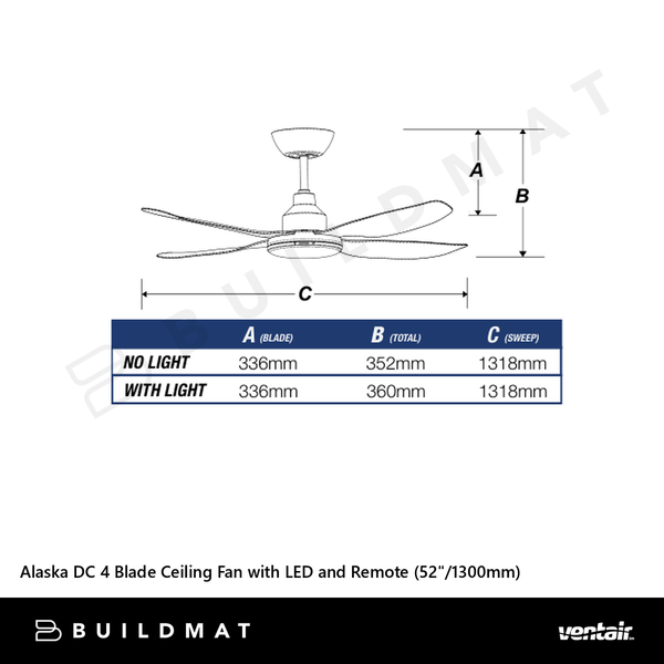 Ventair Alaska DC 4 Blade Ceiling Fan with LED and Remote (52"/1300mm) White