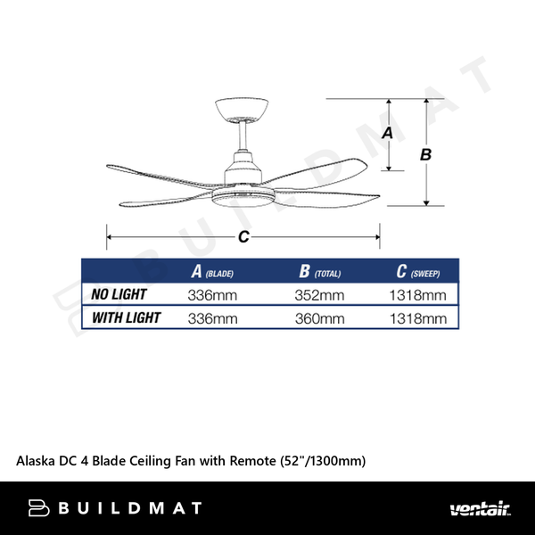 Ventair Alaska DC 4 Blade Ceiling Fan with Remote (52"/1300mm) White