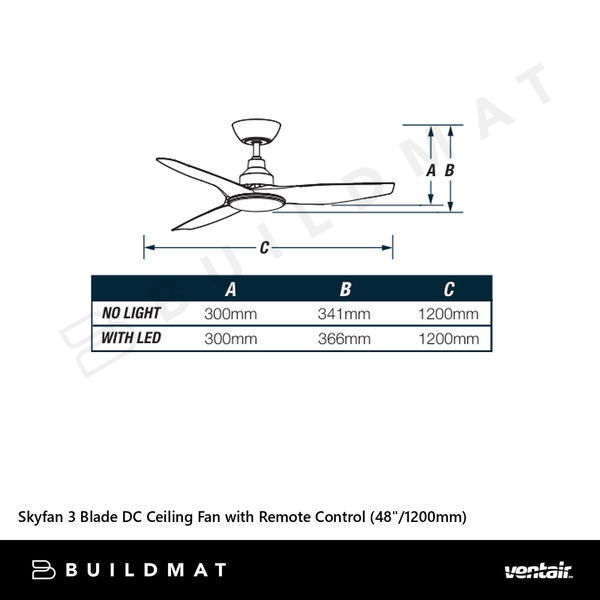 Ventair Skyfan 3 Blade DC Ceiling Fan with Remote Control (48"/1200mm) White