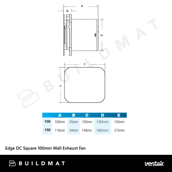 Ventair Edge DC Square 100mm Wall Exhaust Fan White