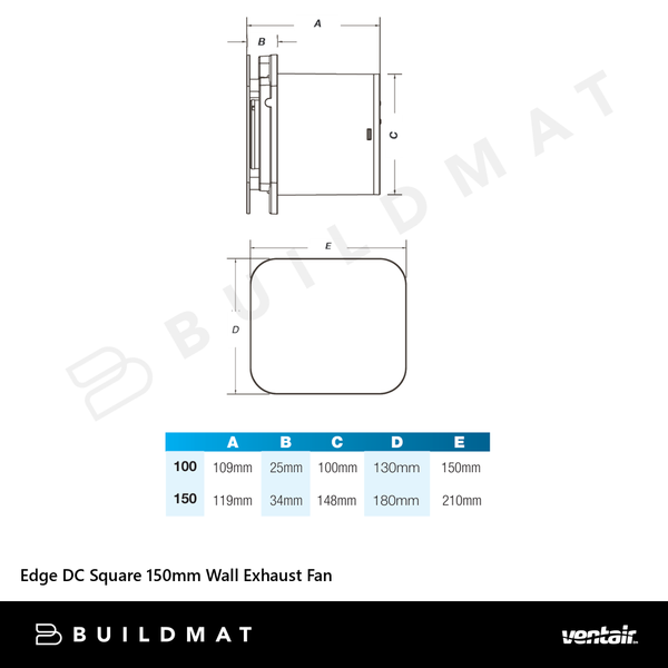 Ventair Edge DC Square 150mm Wall Exhaust Fan White