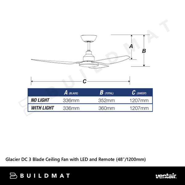 Ventair Glacier DC 3 Blade Ceiling Fan with LED and Remote (48"/1200mm) Black