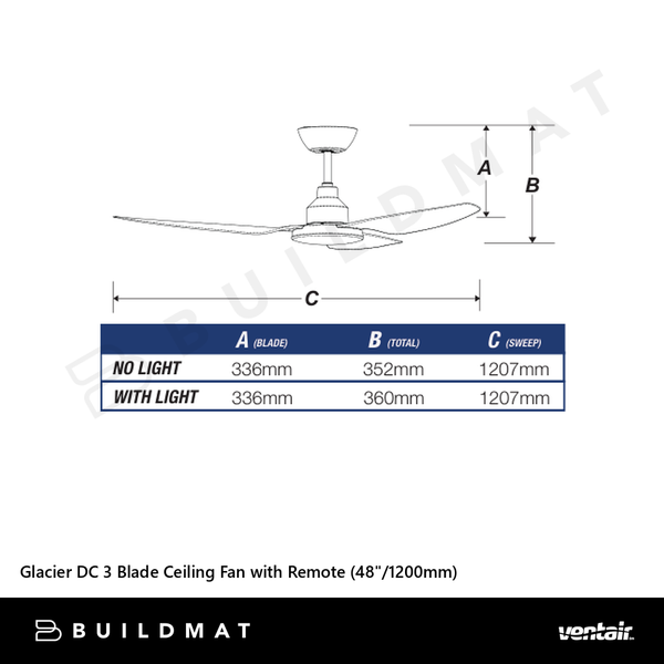 Ventair Glacier DC 3 Blade Ceiling Fan with Remote (48"/1200mm) White