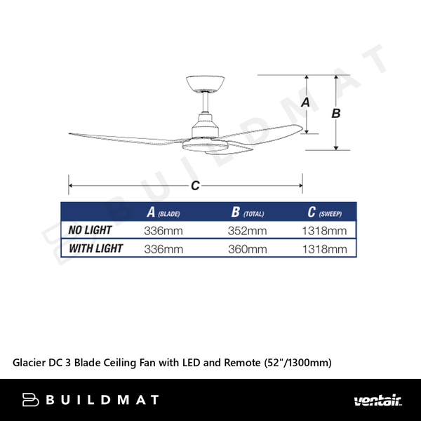 Ventair Glacier DC 3 Blade Ceiling Fan with LED and Remote (52"/1300mm) Black