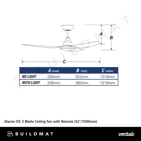 Ventair Glacier DC 3 Blade Ceiling Fan with Remote (52"/1300mm) White