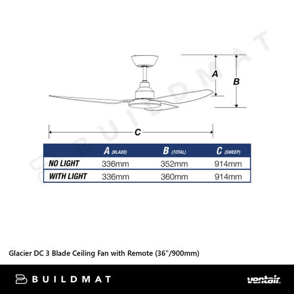 Ventair Glacier DC 3 Blade Ceiling Fan with Remote (36"/900mm) Black