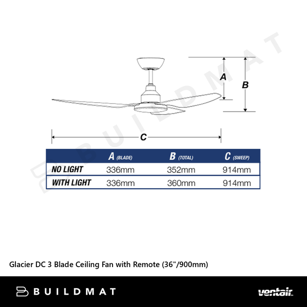 Ventair Glacier DC 3 Blade Ceiling Fan with Remote (36"/900mm) White