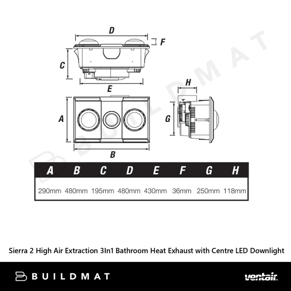 Ventair Sierra 2 High Air Extraction 3In1 Bathroom Heat Exhaust with Centre LED Downlight Matte Black