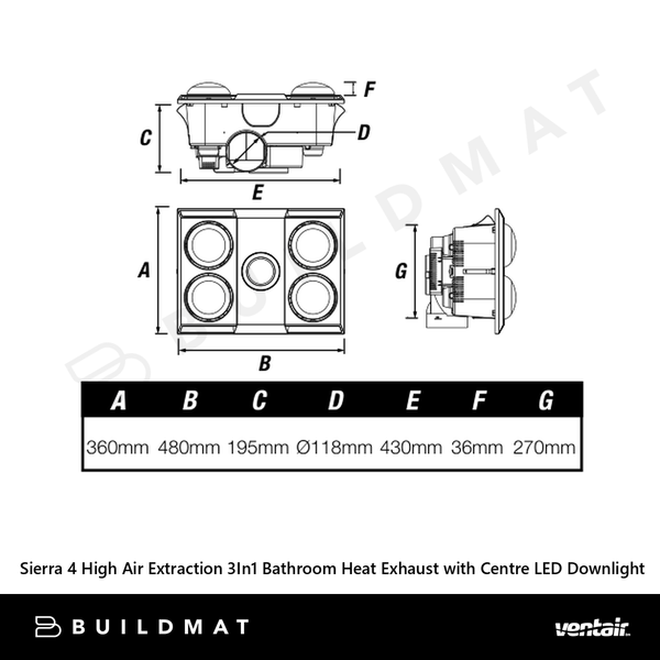 Ventair Sierra 4 High Air Extraction 3In1 Bathroom Heat Exhaust with Centre LED Downlight