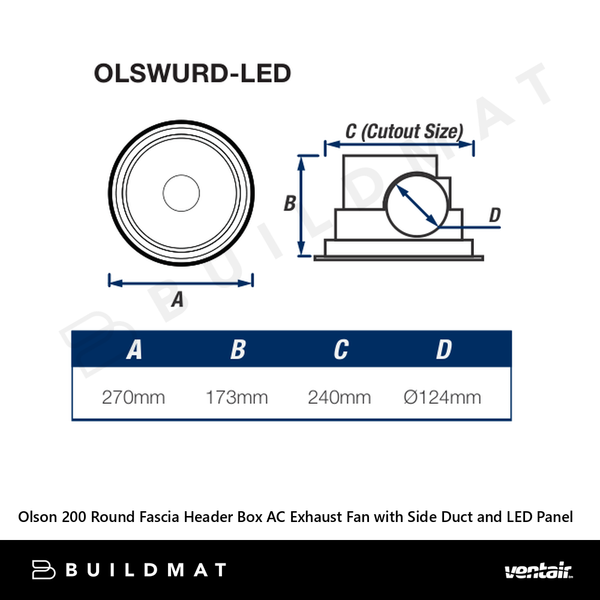 Ventair Olson 200 Round Fascia Header Box AC Exhaust Fan with Side Duct and LED Panel White
