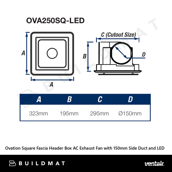 Ventair Ovation Square Fascia Header Box AC Exhaust Fan with 150mm Side Duct and LED Panel White