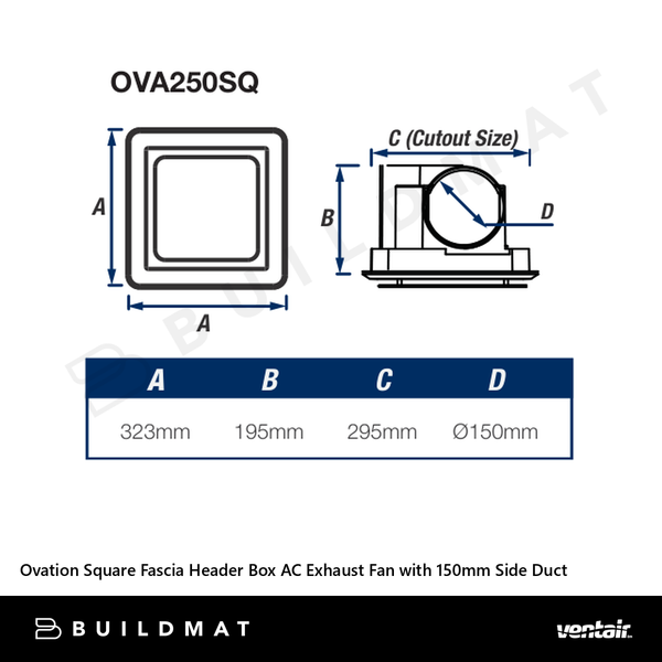 Ventair Ovation Square Fascia Header Box AC Exhaust Fan with 150mm Side Duct White