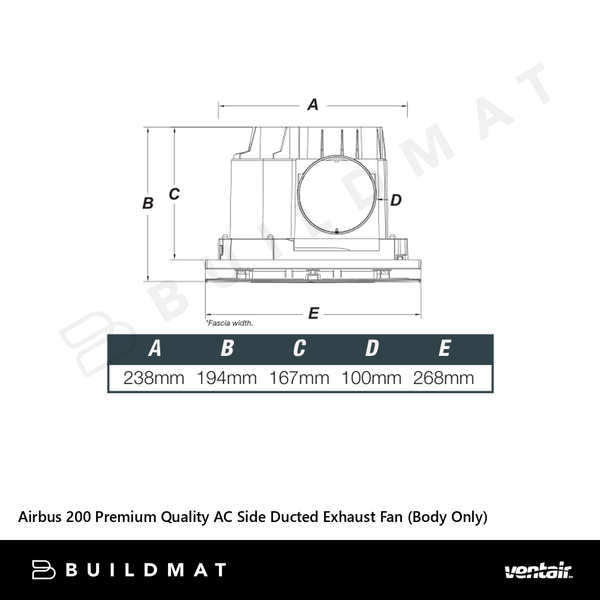 Ventair Airbus 200 Premium Quality AC Side Ducted Exhaust Fan (Body Only)