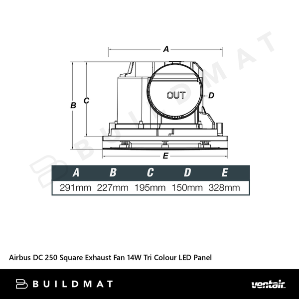 Ventair Airbus DC 250 Square Exhaust Fan 14W Tri Colour LED Panel White