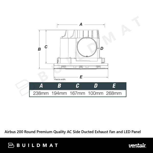 Ventair Airbus 200 Round Premium Quality AC Side Ducted Exhaust Fan and LED Panel White