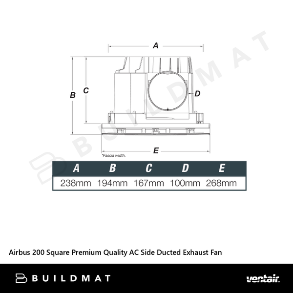 Ventair Airbus 200 Square Premium Quality AC Side Ducted Exhaust Fan White