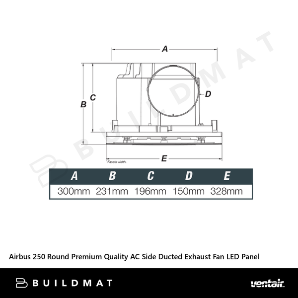 Ventair Airbus 250 Round Premium Quality AC Side Ducted Exhaust Fan 14W Tri Colour LED Panel White
