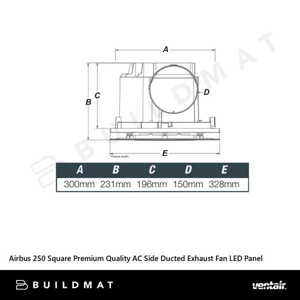 Ventair Airbus 250 Square Premium Quality AC Side Ducted Exhaust Fan 14W Tri Colour LED Panel White