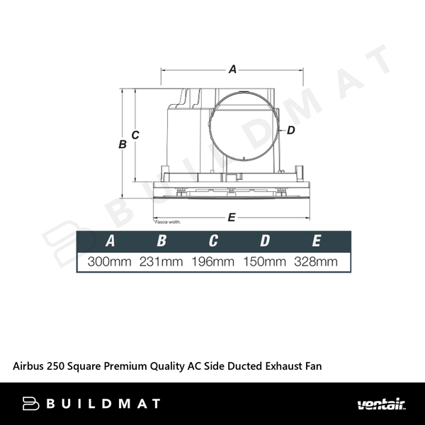 Ventair Airbus 250 Square Premium Quality AC Side Ducted Exhaust Fan White