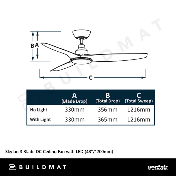 Ventair Skyfan 3 Blade DC Ceiling Fan with LED (48"/1200mm) Black