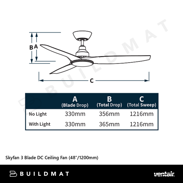 Ventair Skyfan 3 Blade DC Ceiling Fan (48"/1200mm) Black