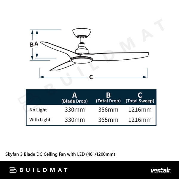 Ventair Skyfan 3 Blade DC Ceiling Fan with LED (48"/1200mm) Light Oak